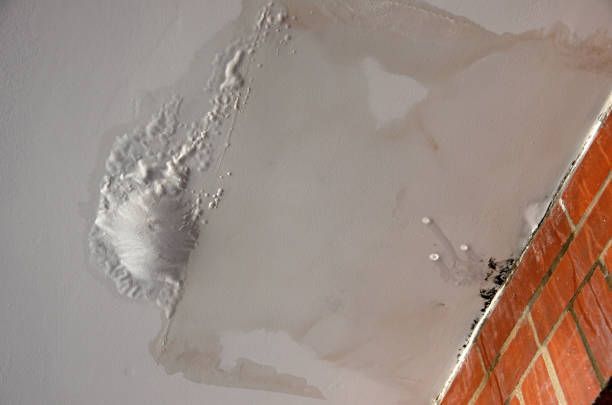 A damp, bubbling ceiling patch near a red brick wall, showing signs of water damage and paint peeling.