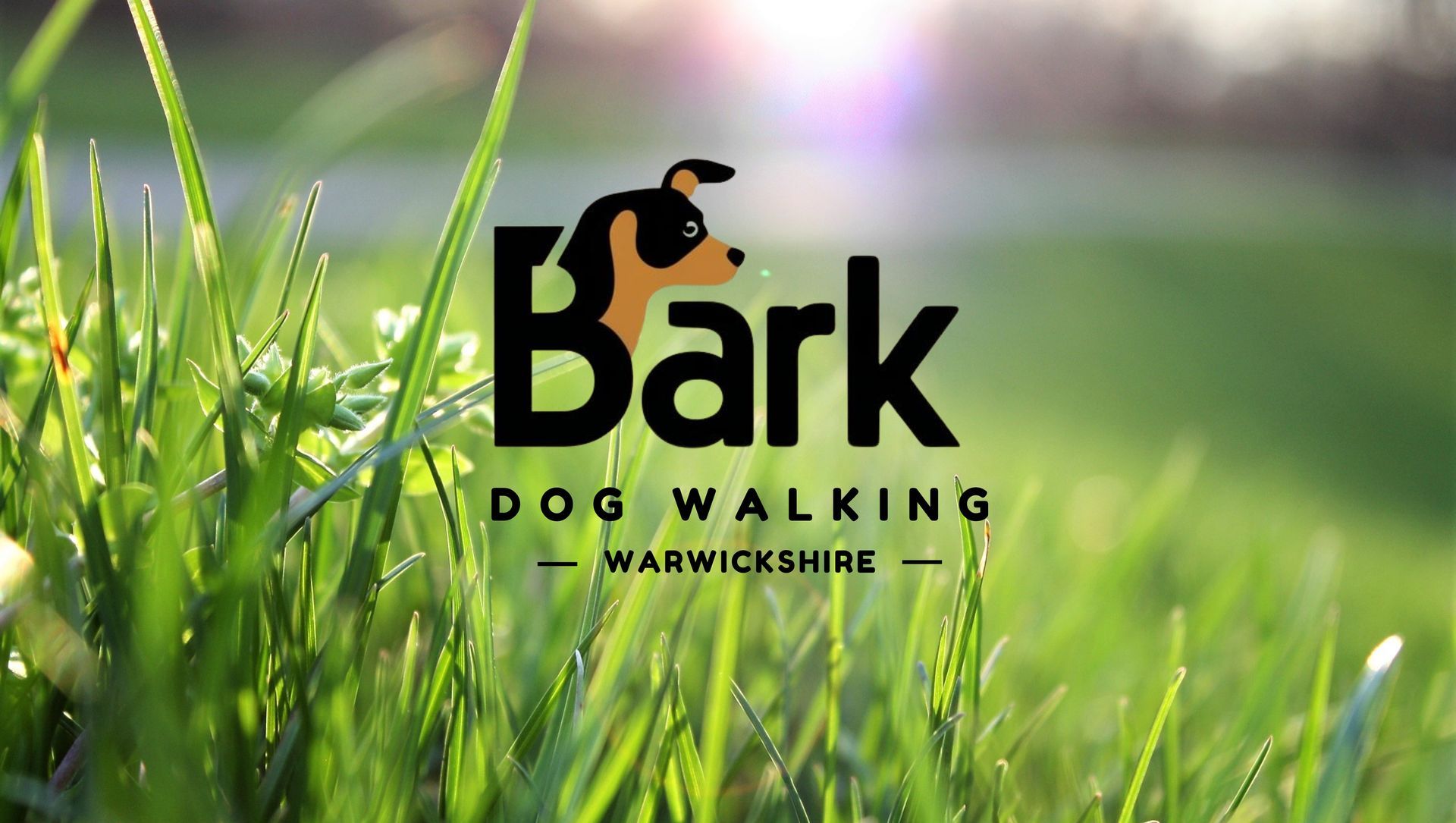 A logo for bark dog walking is displayed on a grassy field.