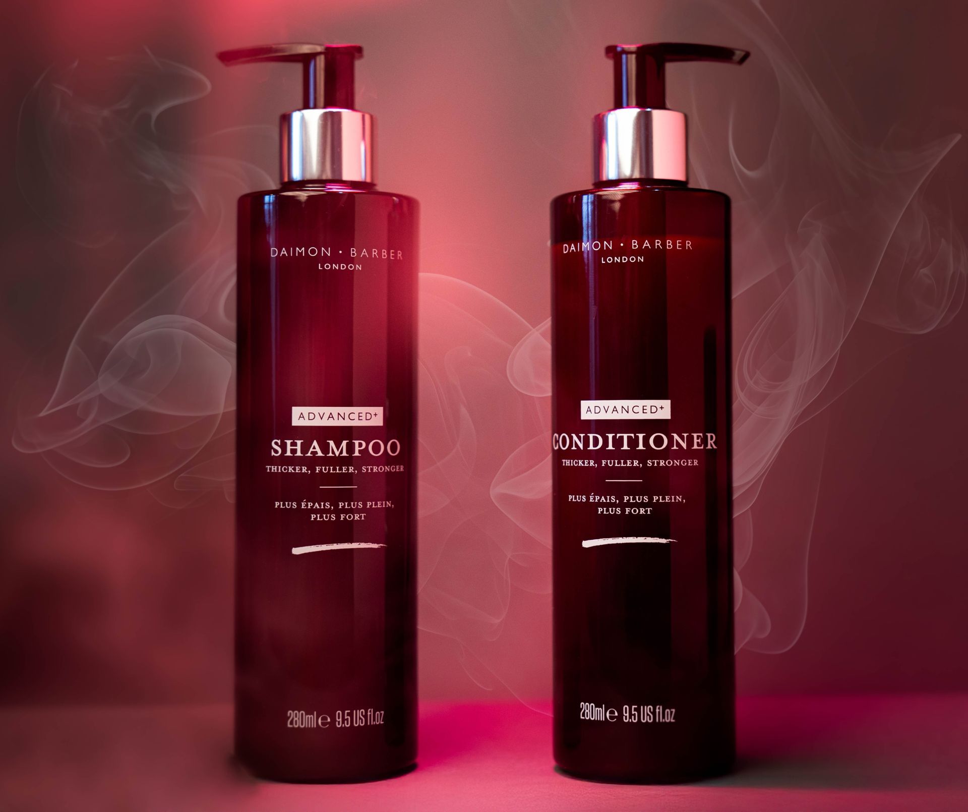Two bottles of shampoo and conditioner are sitting next to each other  product photography for barbers 