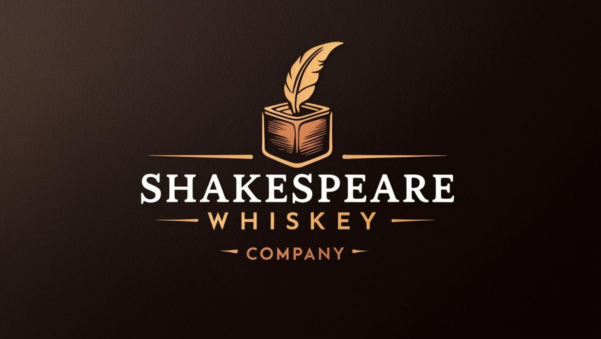 A logo for Shakespeare whiskey company with a feather in a box on brown background 