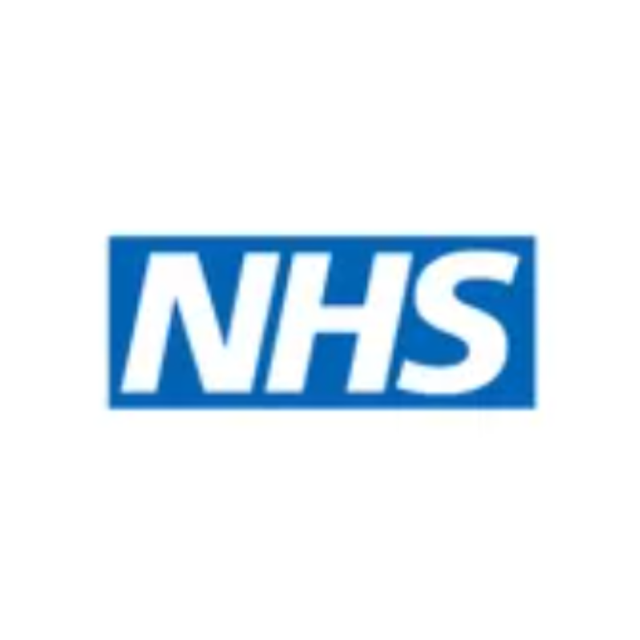 NHS logo in white on a blue rectangular background