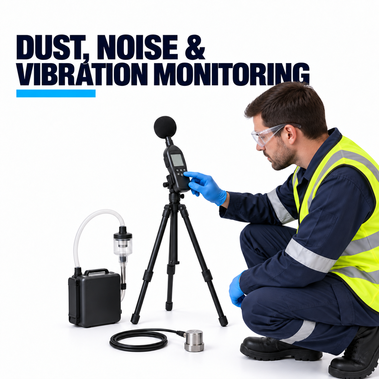 Noise and vibration monitoring setup with technician adjusting a tripod sensor beside a portable case