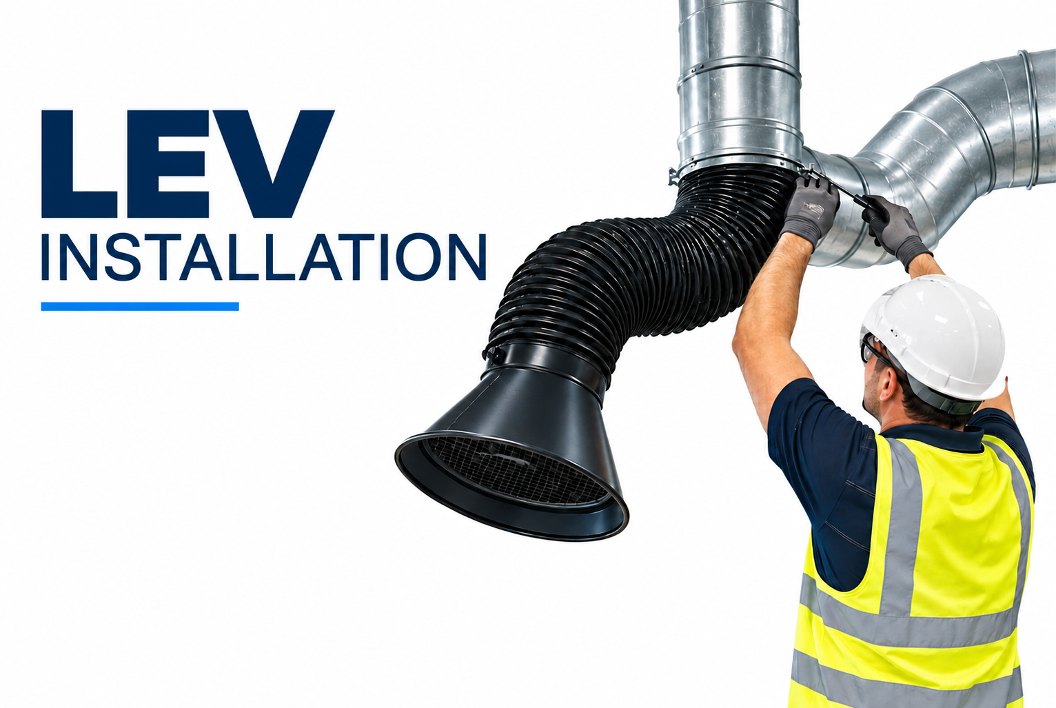 LEV Installation logo with technician installing metal ductwork and black ventilation hose