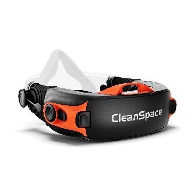 ClearSpace black and orange safety helmet with clear face shield on white background
