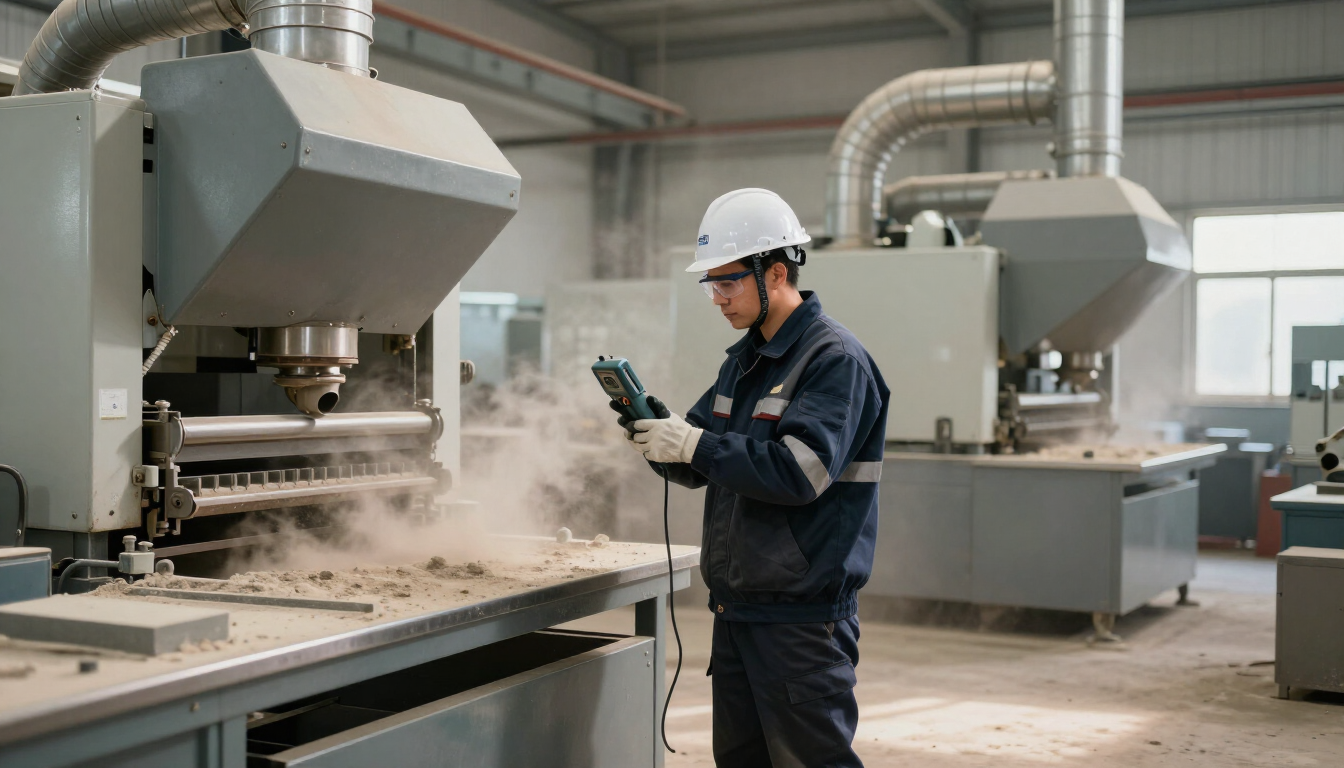 Worker inspecting industrial machinery in a factory, with dust or steam around the equipment.