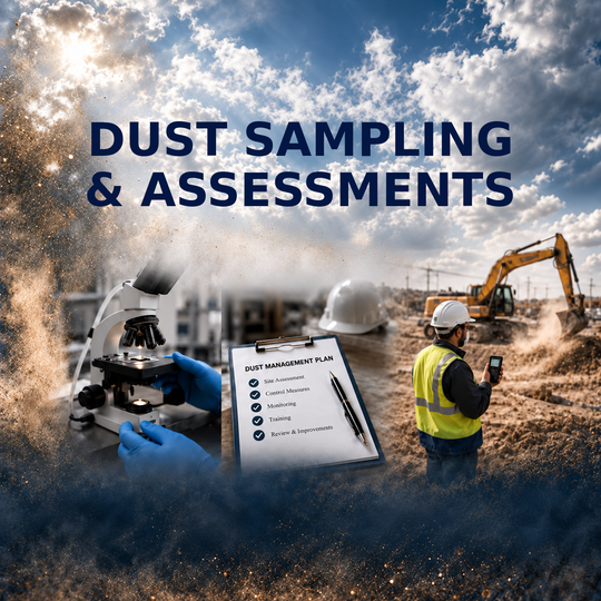 Dust sampling and assessments with a microscope, checklist, and construction worker at a site