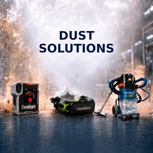 Dust Solutions ad with three dust-removal products on a smoky background and service icons below