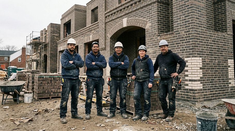 Five construction workers in hard hats stand in front of a brick building under construction.