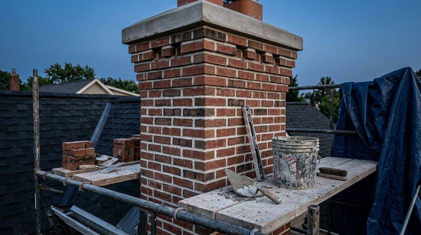 Brick chimney under construction on a rooftop, with mortar tools and scaffolding around it