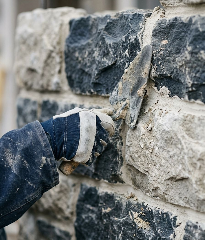 Gloved hand troweling mortar between stacked stone blocks on a wall