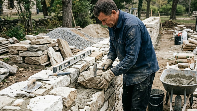 Worker laying stones on a garden wall beside a wheelbarrow and piles of rock.