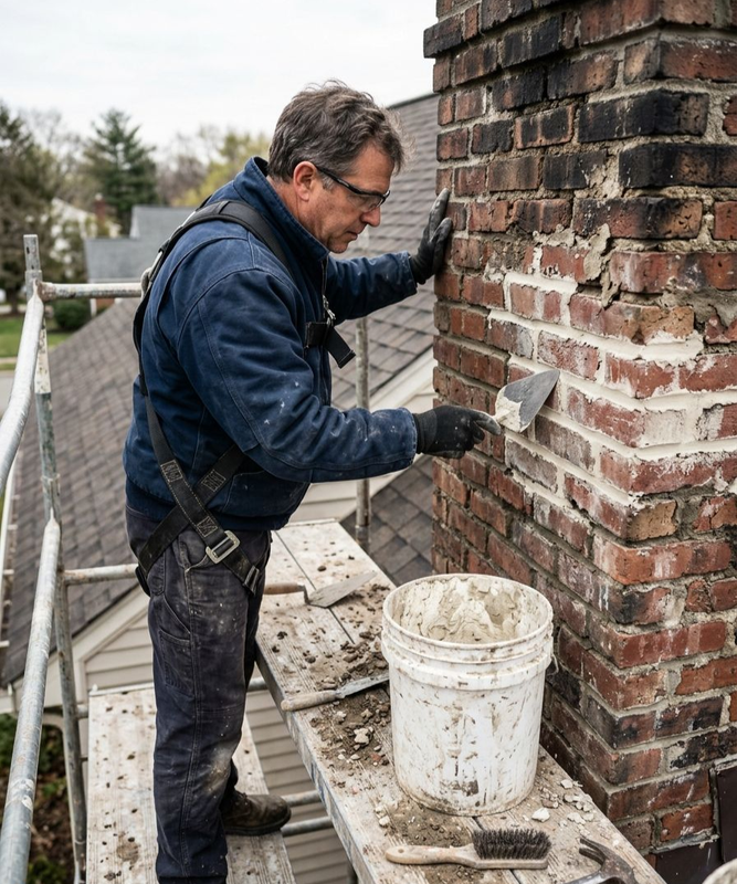 Worker repairing a brick chimney on a rooftop with a bucket and trowel