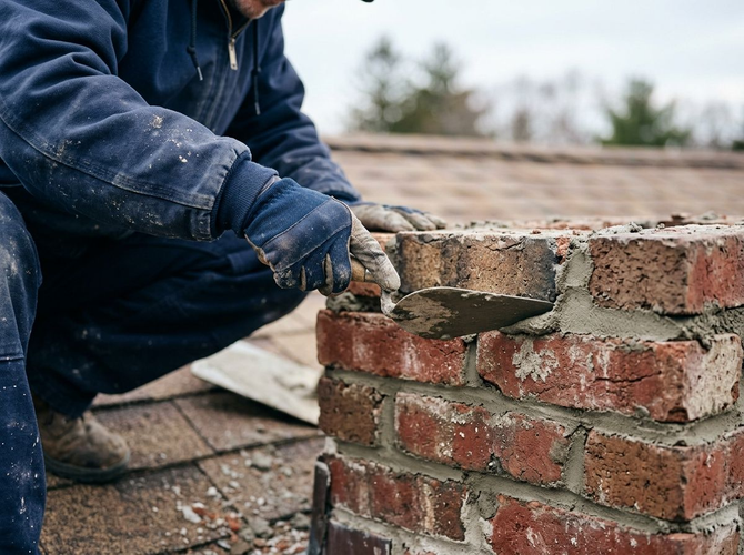 Worker in blue gloves laying bricks on a brick wall outdoors