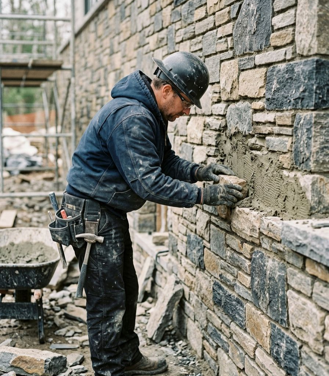 Construction worker applying mortar to a stone wall on a building site