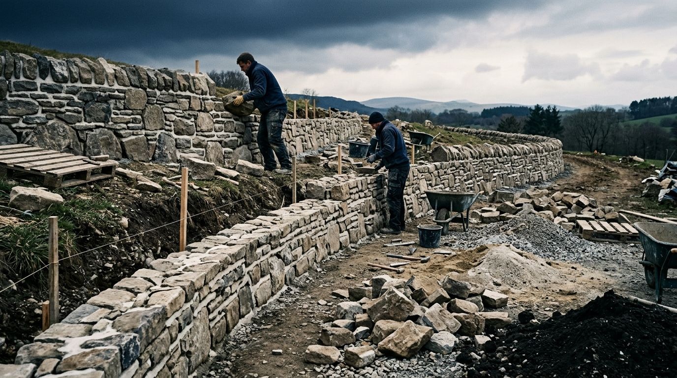 Two people walking through stone ruins at an archaeological site on a cloudy day