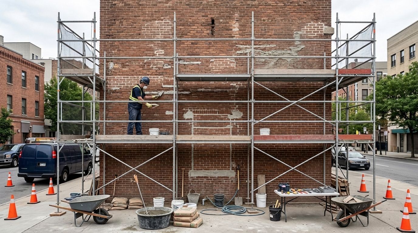 Workers on scaffolding repairing a brick building facade, with cones and tools on a street.