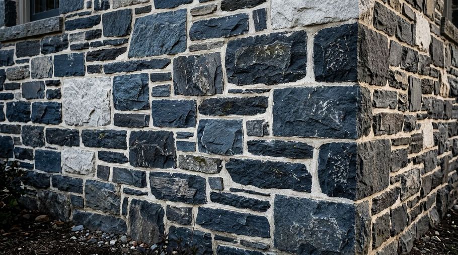 Close-up of a dark gray stone wall made of irregular rectangular blocks