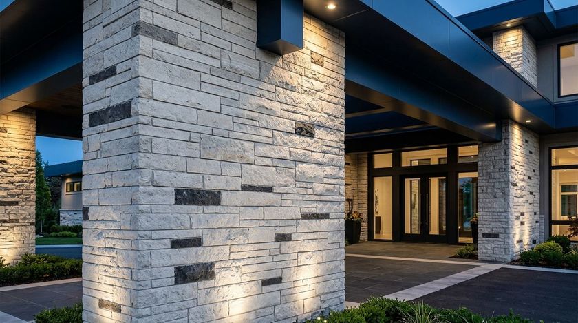 Modern building entrance with white stone columns, dark beams, and warm exterior lighting at dusk