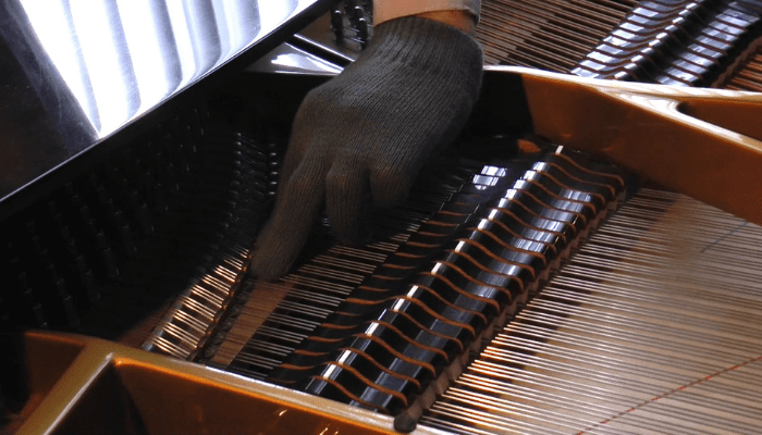 Close-up of a gloved hand adjusting piano strings, highlighting the precision and tools used in the