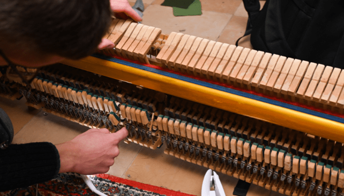 A piano technician inspecting the internal mechanisms of a piano, highlighting the intricate components and challenges of maintenance