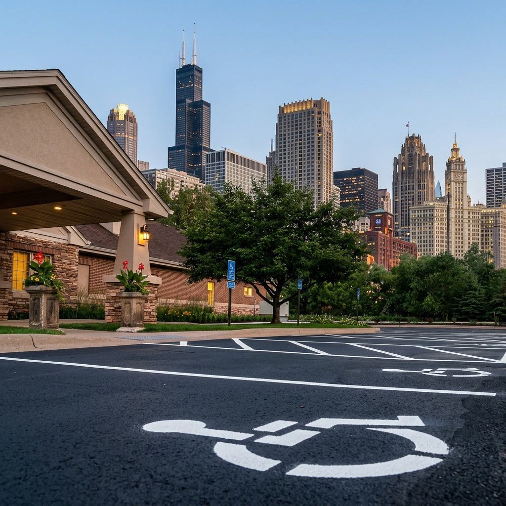 Fresh ADA handicap parking space striping in a commercial parking lot in Chicago, IL