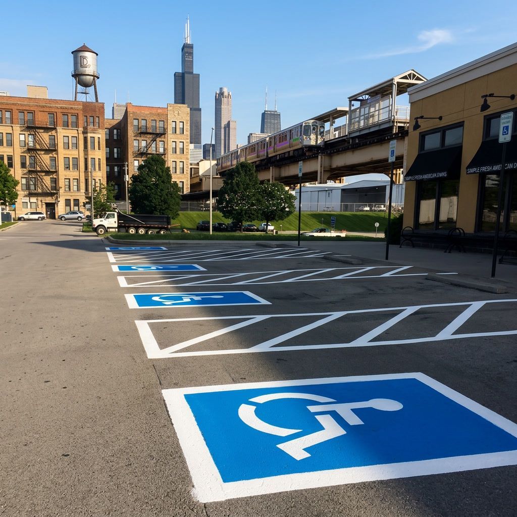 ADA handicap parking lot striping with accessible parking spaces and blue pavement markings in Chicago, IL