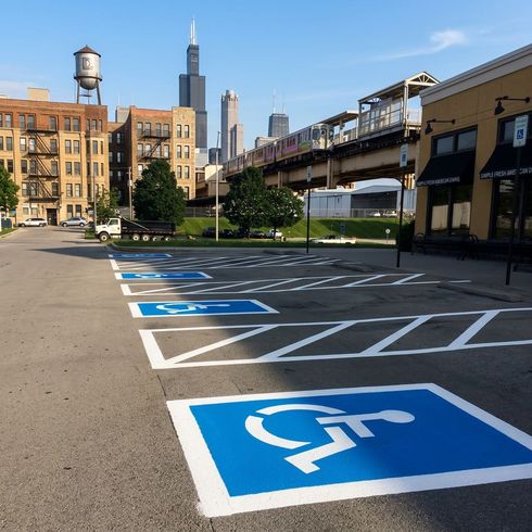 Professional parking lot striping at a gas station with clear yellow lines and numbered spaces