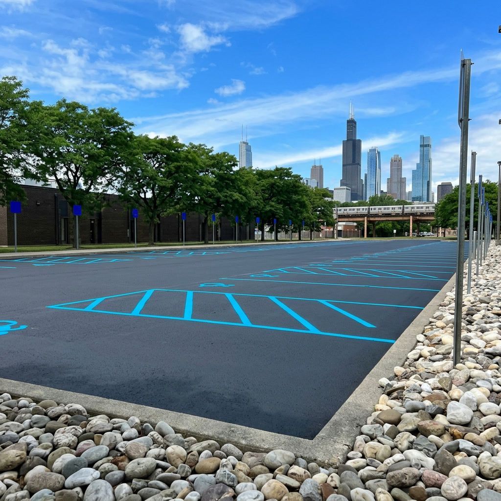 Blue ADA handicap parking lot striping and access aisle markings in Chicago, IL