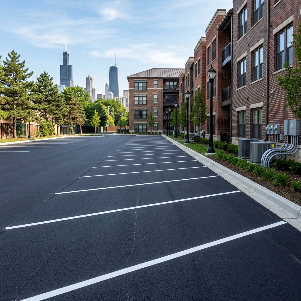 Apartment complex parking lot striping with clean white parking lines in Chicago, IL