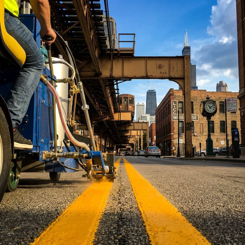 Professional thermoplastic roadway striping with fresh yellow traffic lines in Chicago, IL
