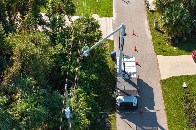 A utility truck with boom lift, a worker trims trees near power lines on a street.