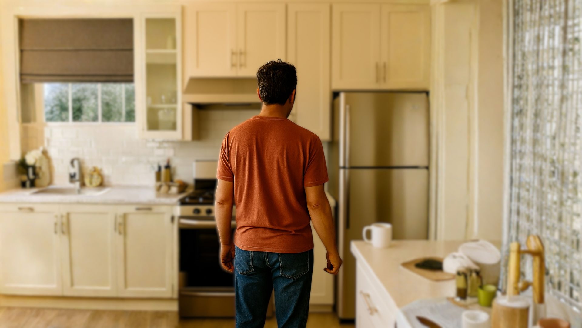 Man facing refrigerator in rental property kitchen, highlighting appliance inspection or tenant move-in condition review.