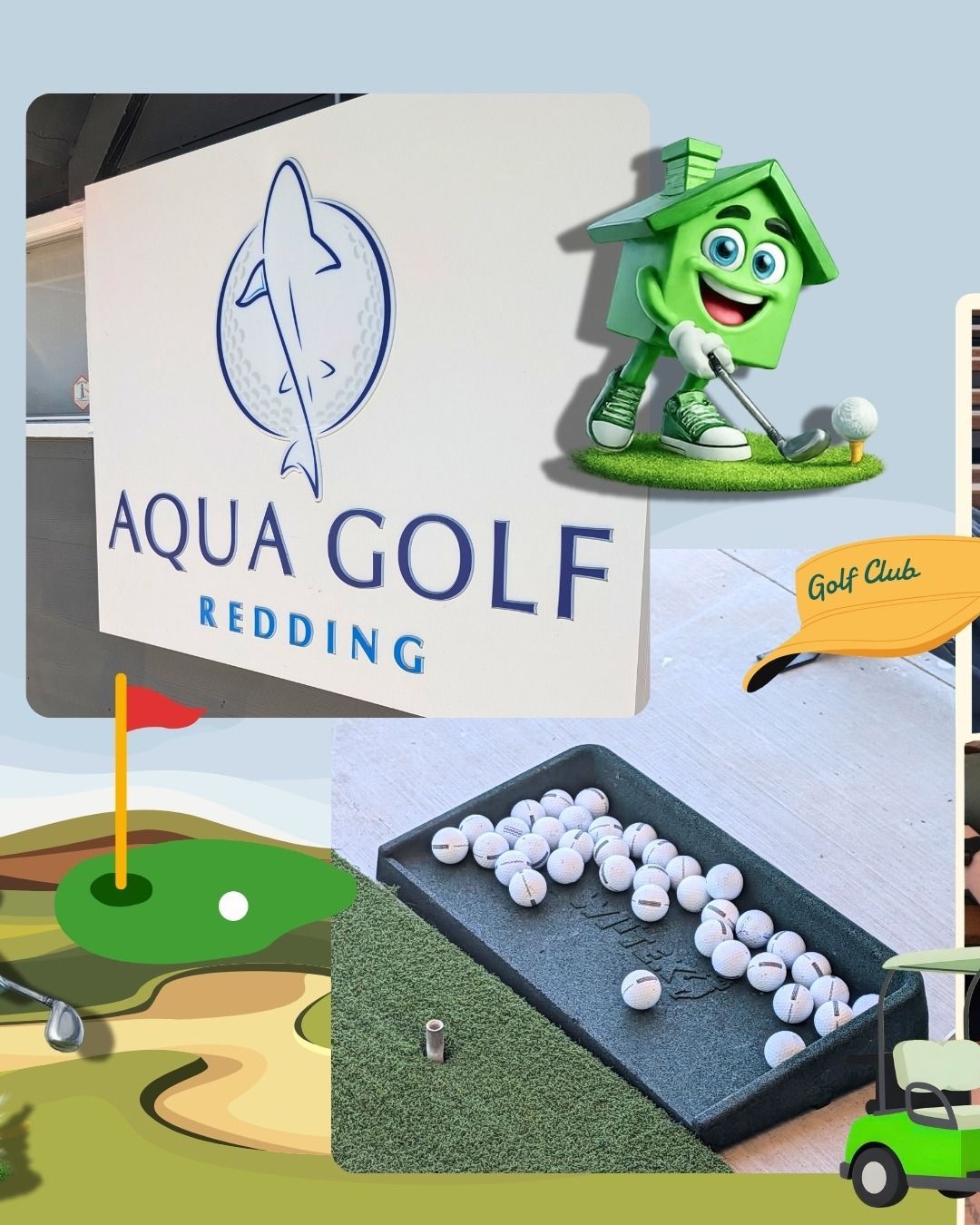 Aqua Golf Redding sign with the green Authority Property Management mascot character during a team event.
