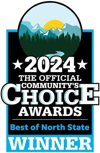 2024 Community's Choice Awards badge with mountain, trees, river, and bold text reading “Best of North State WINNER.