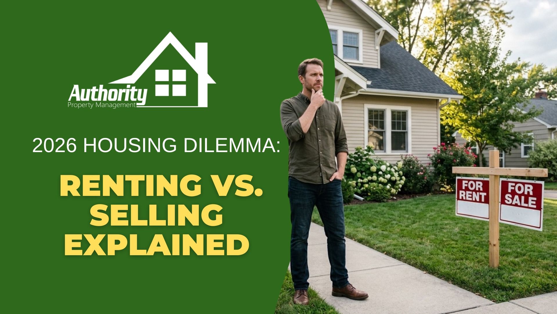 Image of man in casual outfit deciding whether to rent or sell his house