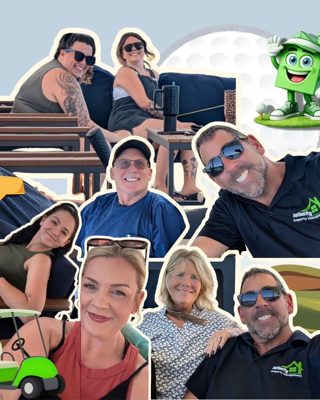 Authority Property Management team members are sitting together outdoors on a patio during a team-building event.