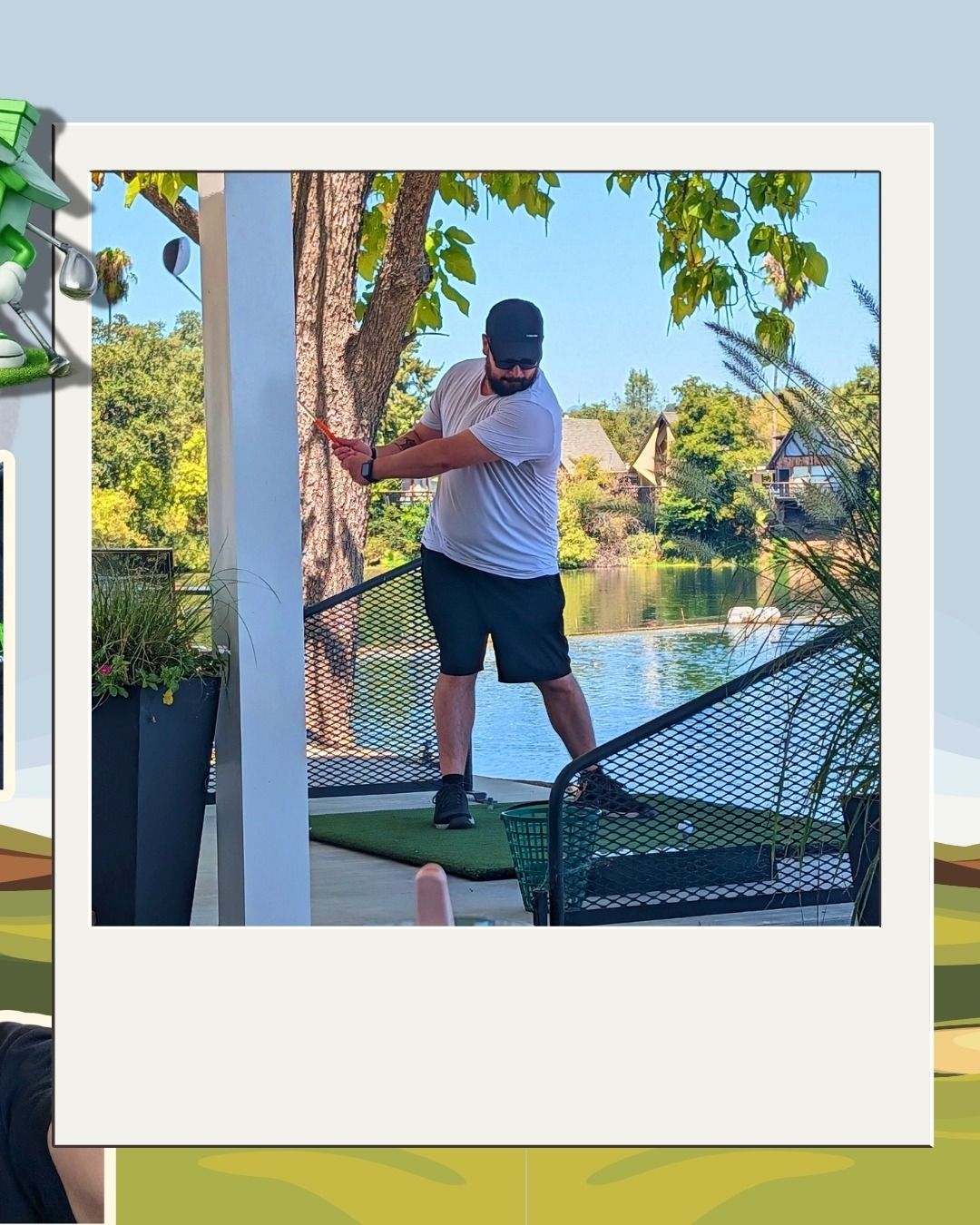 Authority Property Management team member swinging a golf club at Aqua Golf in Redding during a team event.