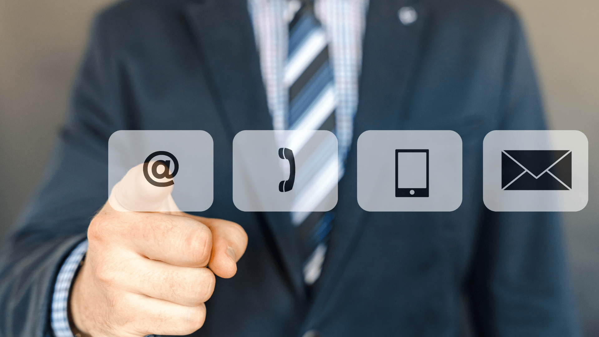 Professional man in suit gestures to icons for email, phone, and mail, symbolizing tenant communication options.
