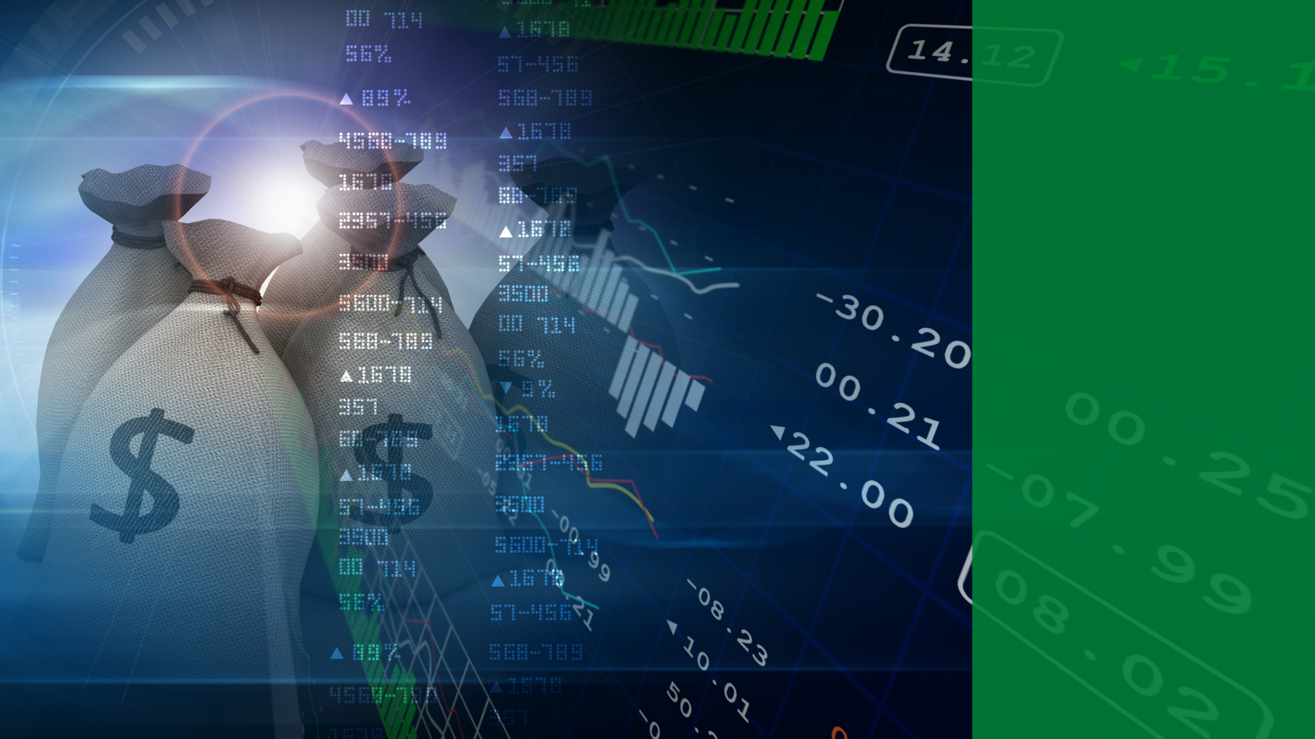 Financial charts and bags of cash