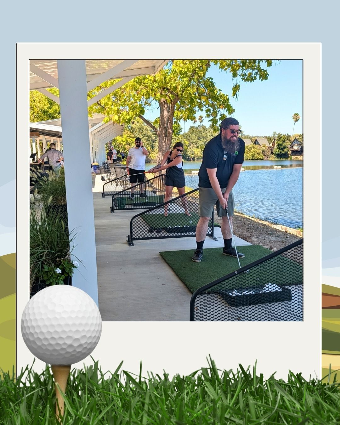 Authority Property Management team member swinging a golf club at Aqua Golf in Redding during a team event.