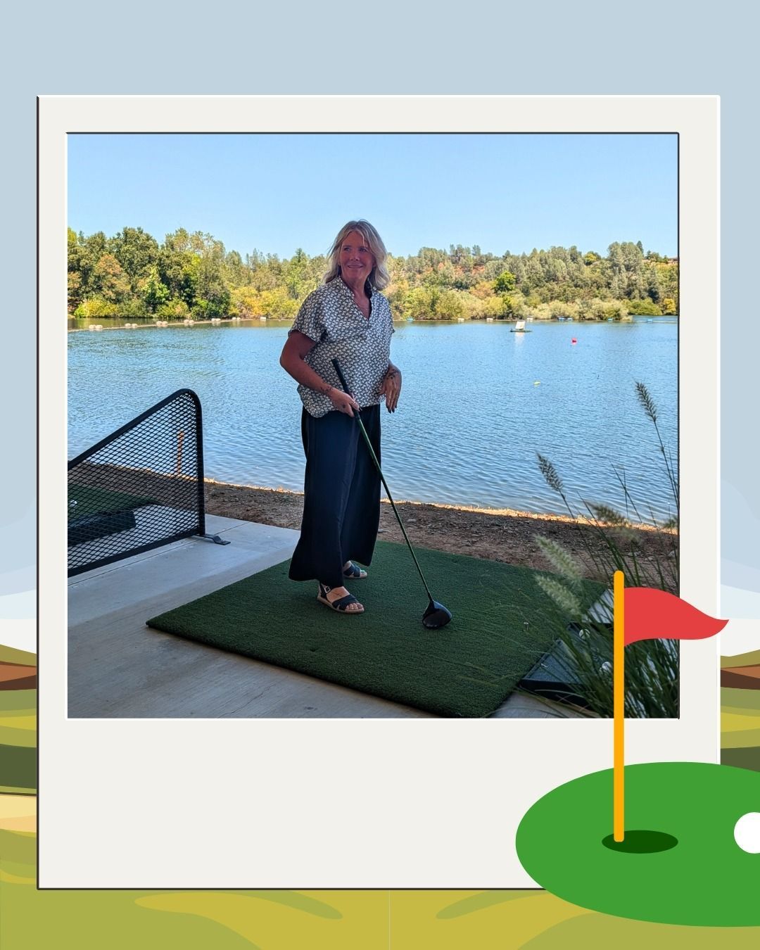 Authority Property Management team member swinging a golf club at Aqua Golf in Redding during a team event.