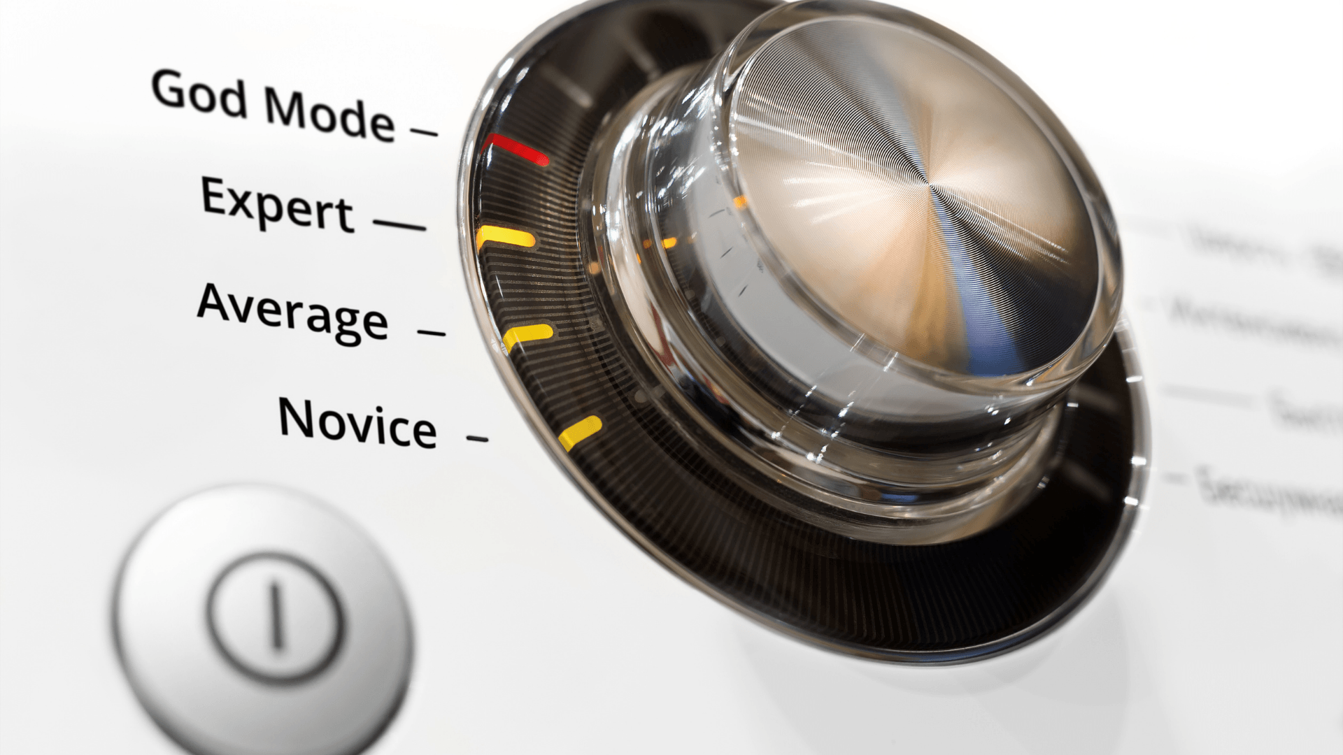 Close-up of camera lens with skill level dial from 'novice' to 'god mode,' highlighting photography expertise.