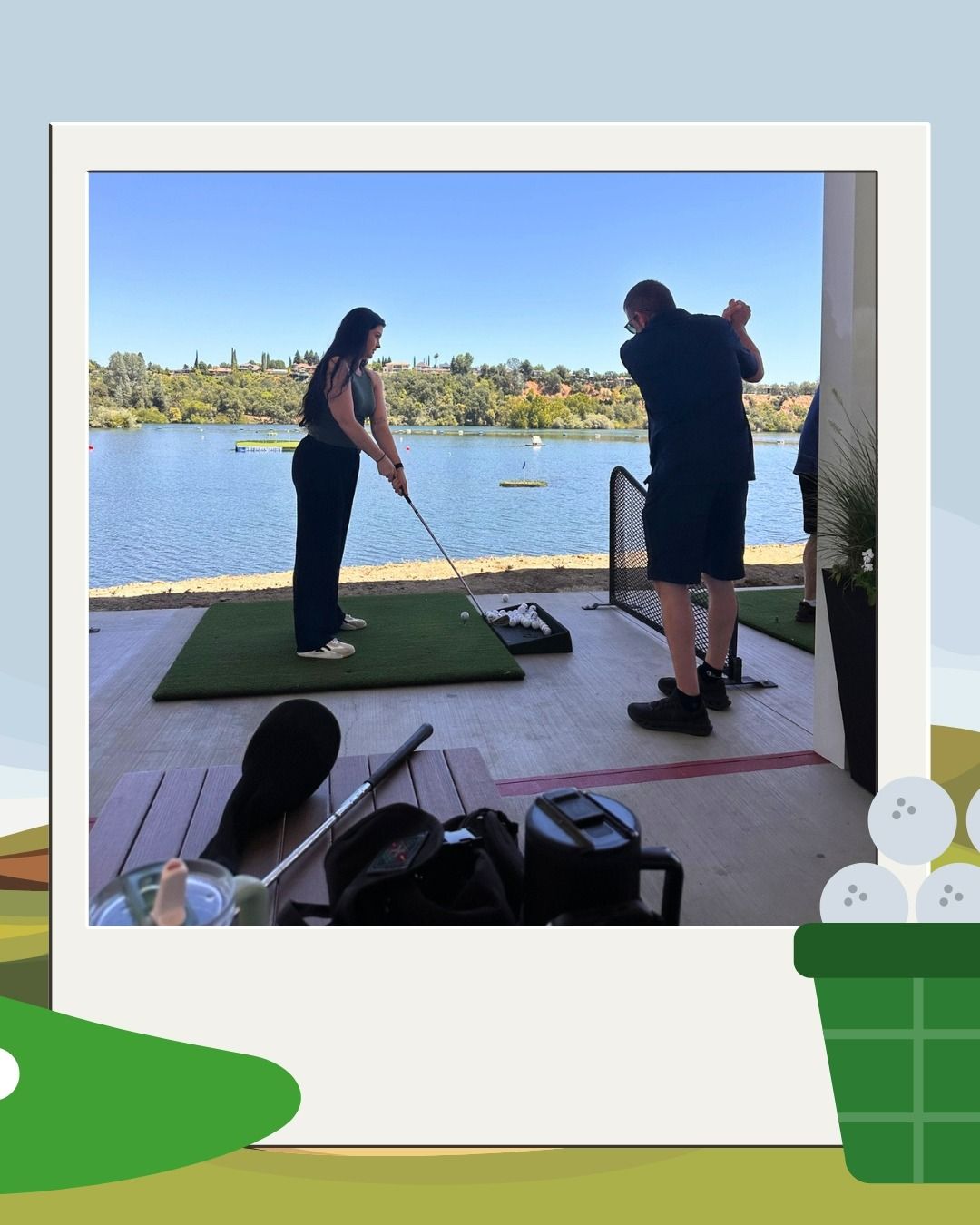 Two team members playing golf outdoors by the water at Aqua Golf in Redding during a company event.