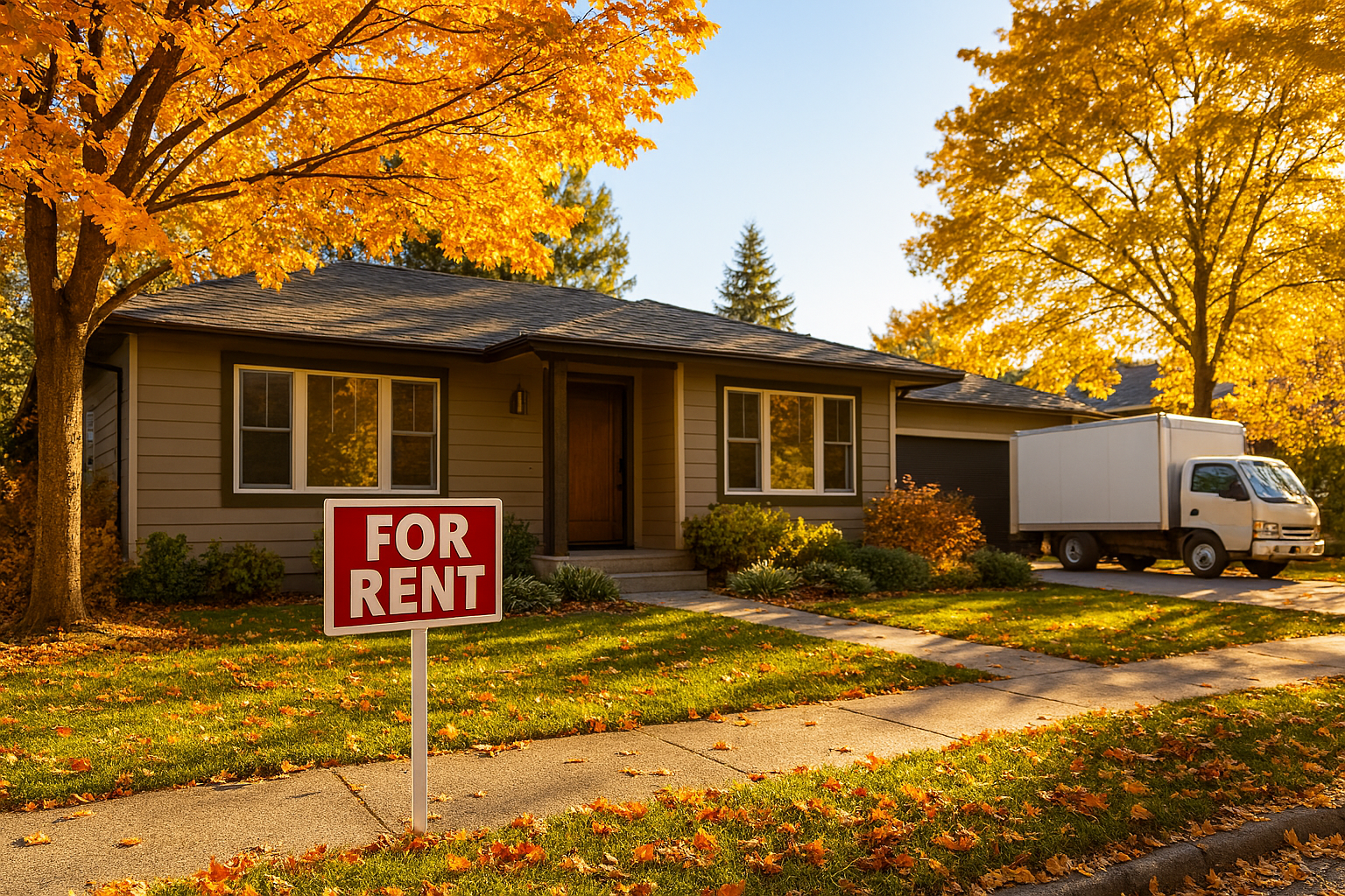 Rental Home with a four rent sign in the way during the fall.