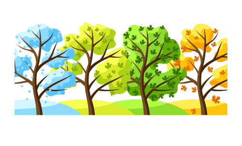 Colorful illustration of trees in shades representing winter, spring, summer, and autumn.
