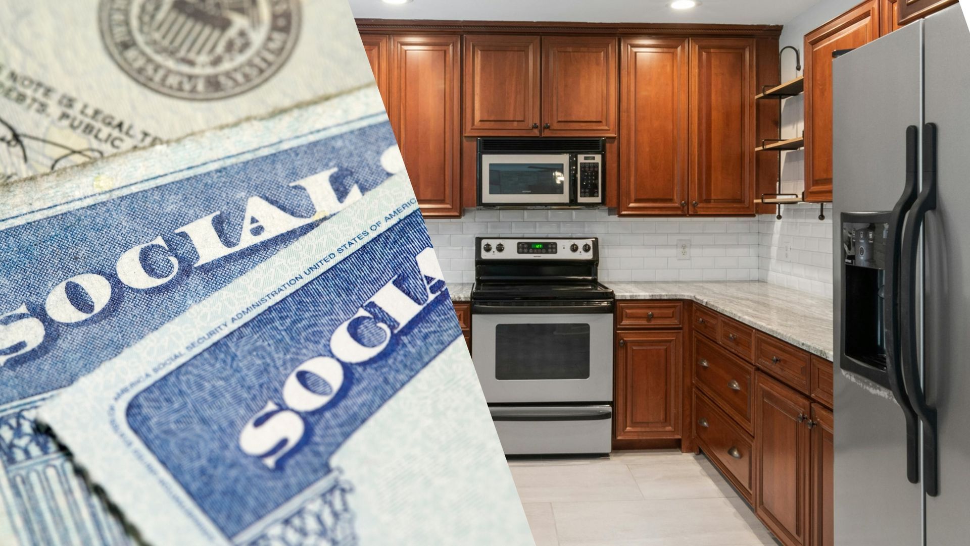 Close-up of Social Security cards overlaid on image of modern kitchen with wood cabinets, stainless appliances, and granite counters.