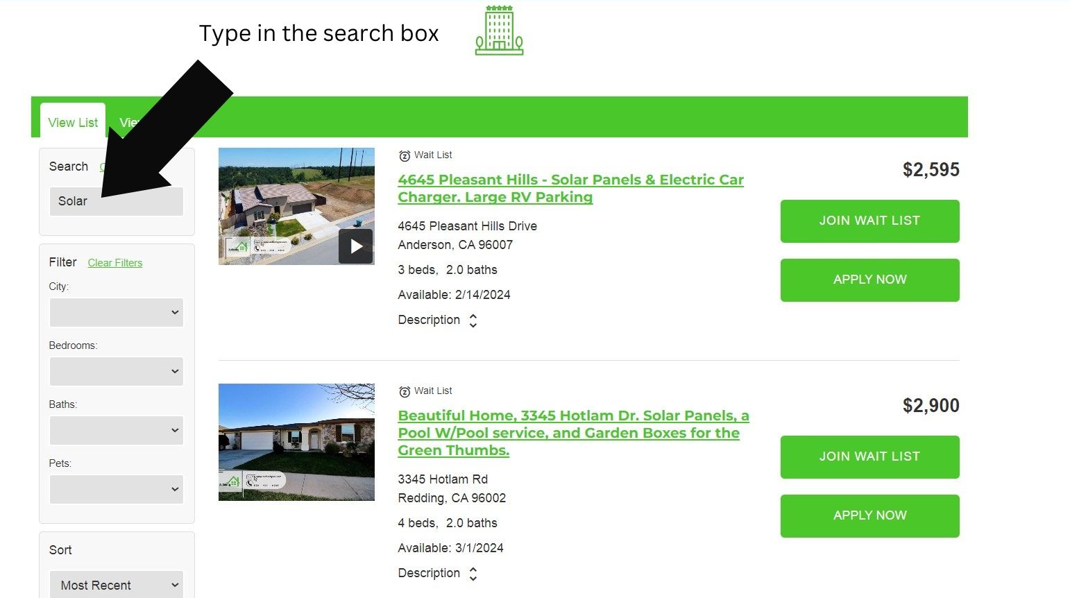 A screenshot of a real estate website featuring listings for houses with solar panels and electric car charging facilities.