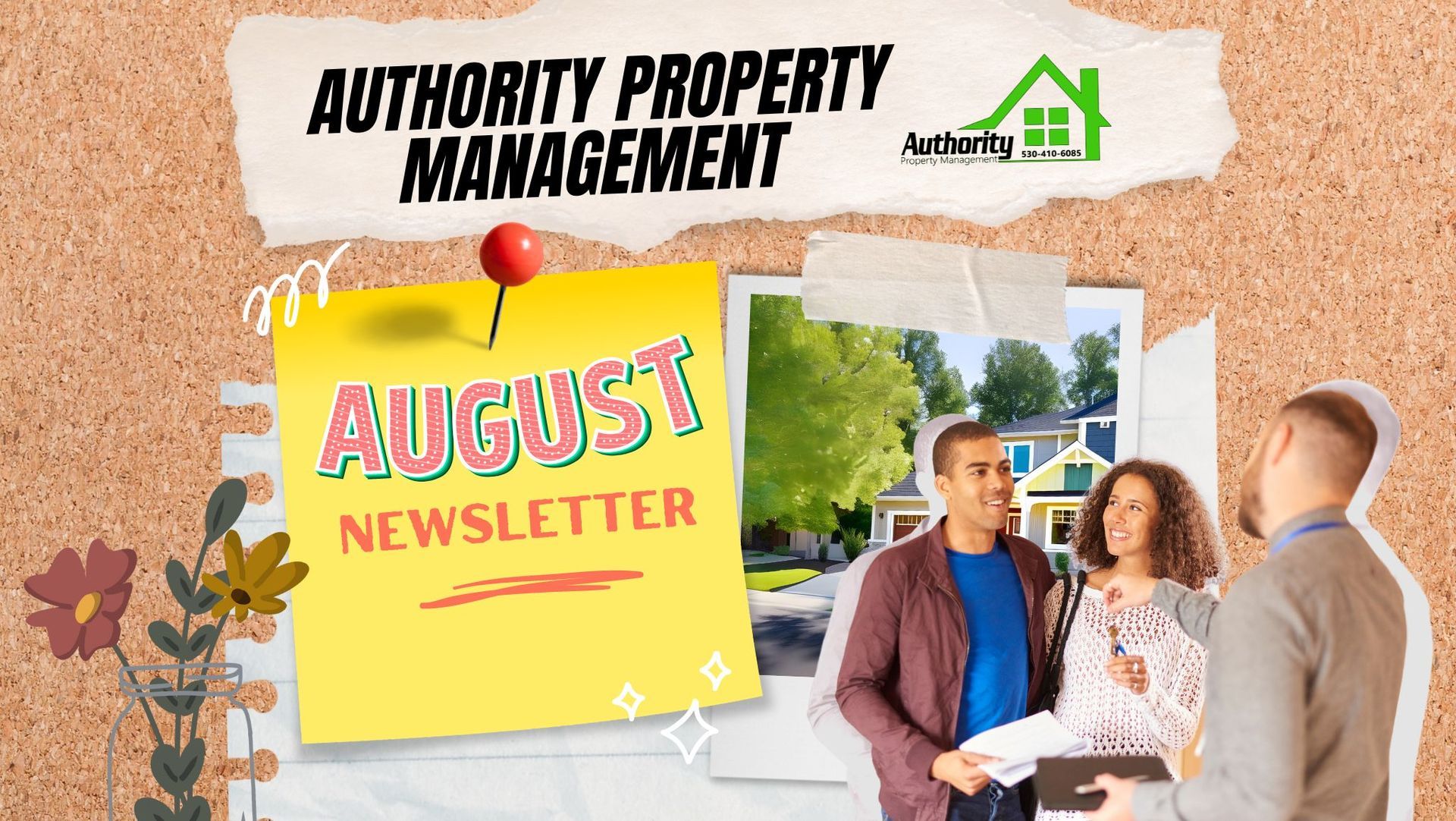 Collage with 'August Newsletter,' Authority Property Management logos, and photo of a couple with a man by a house.