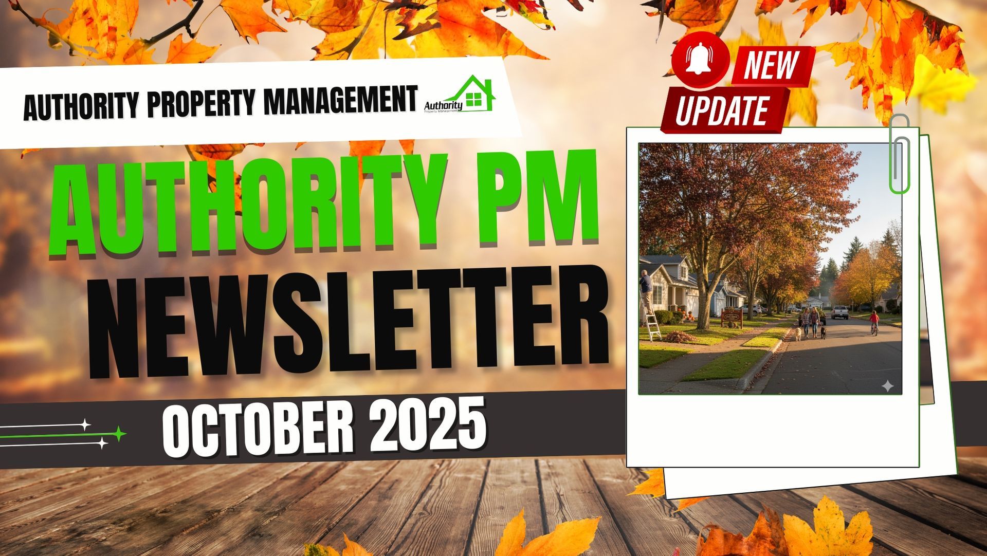 Fall newsletter cover for October 2025 with autumn leaves, suburban street, and 
