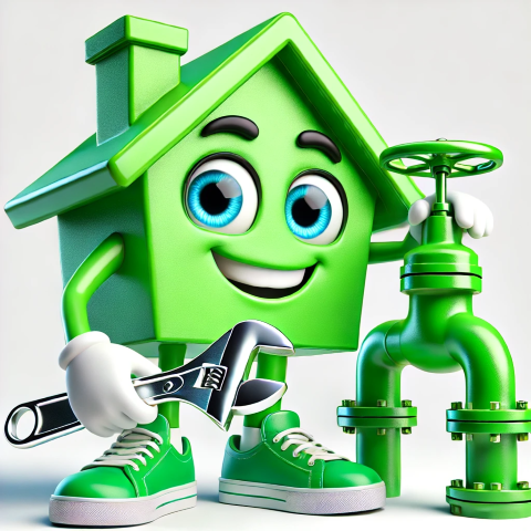 Green house cartoon holding wrench by water valve, highlighting home maintenance.